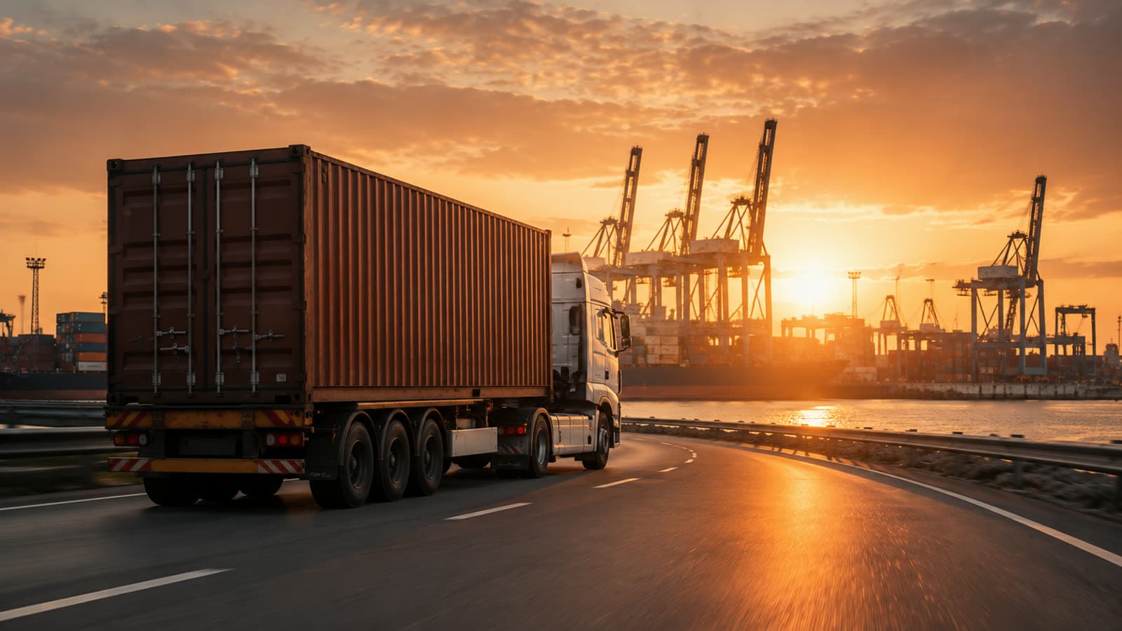 Camion porte-conteneur quittant un port français au coucher du soleil