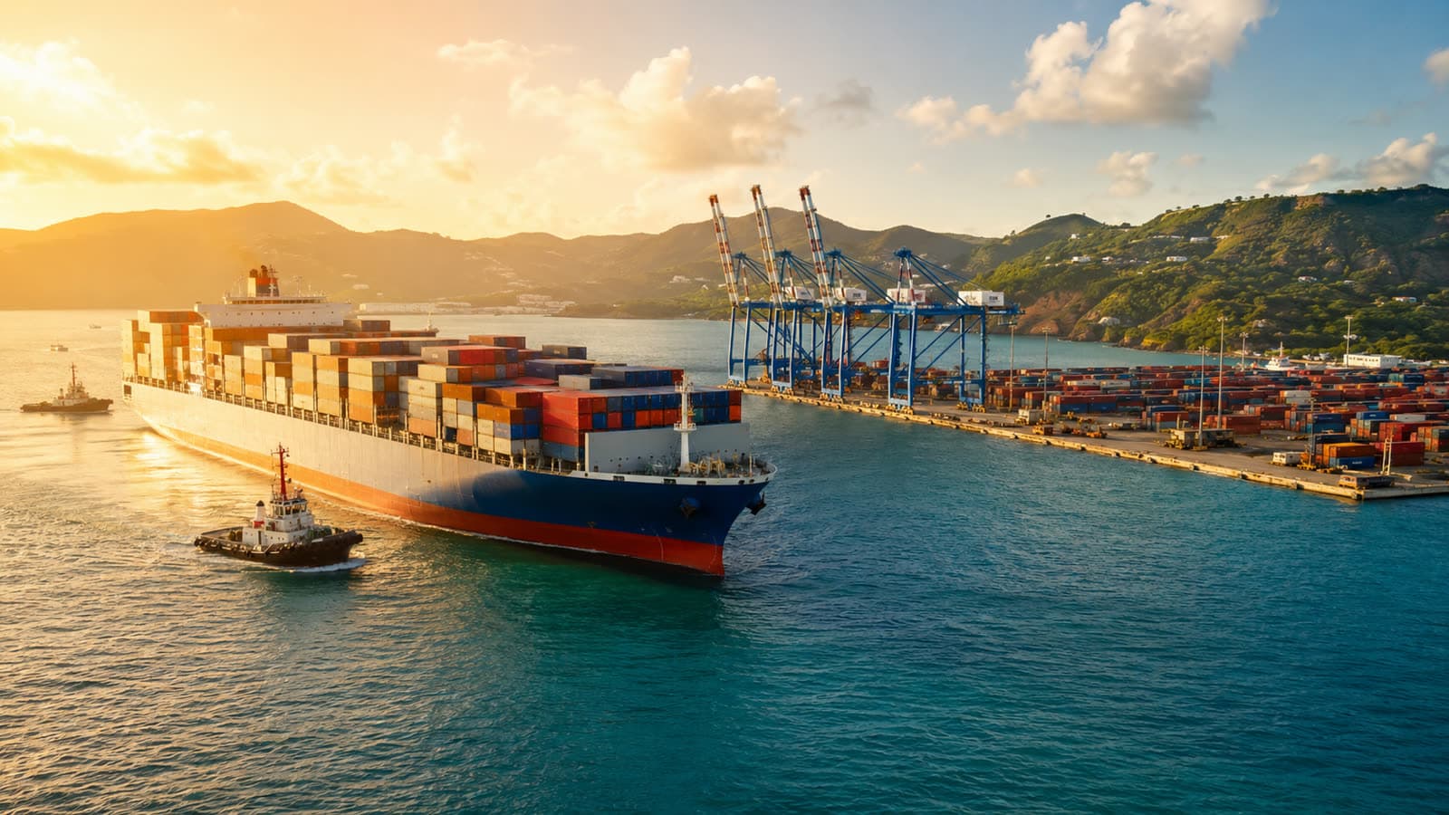 Porte-conteneurs arrivant dans un port des Antilles