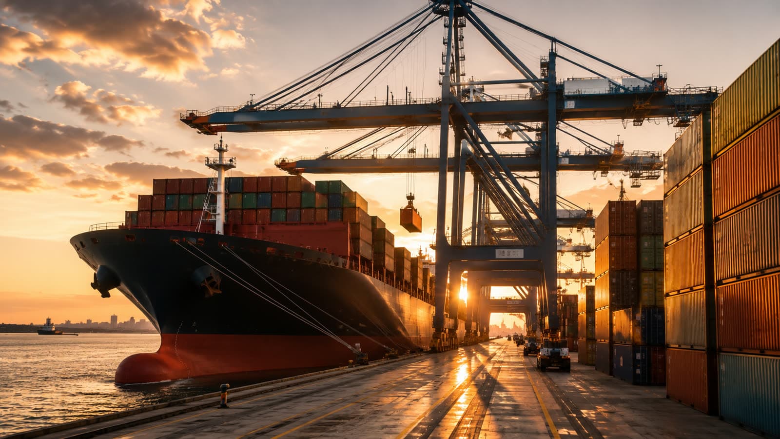 Grues portuaires chargeant un navire porte-conteneurs