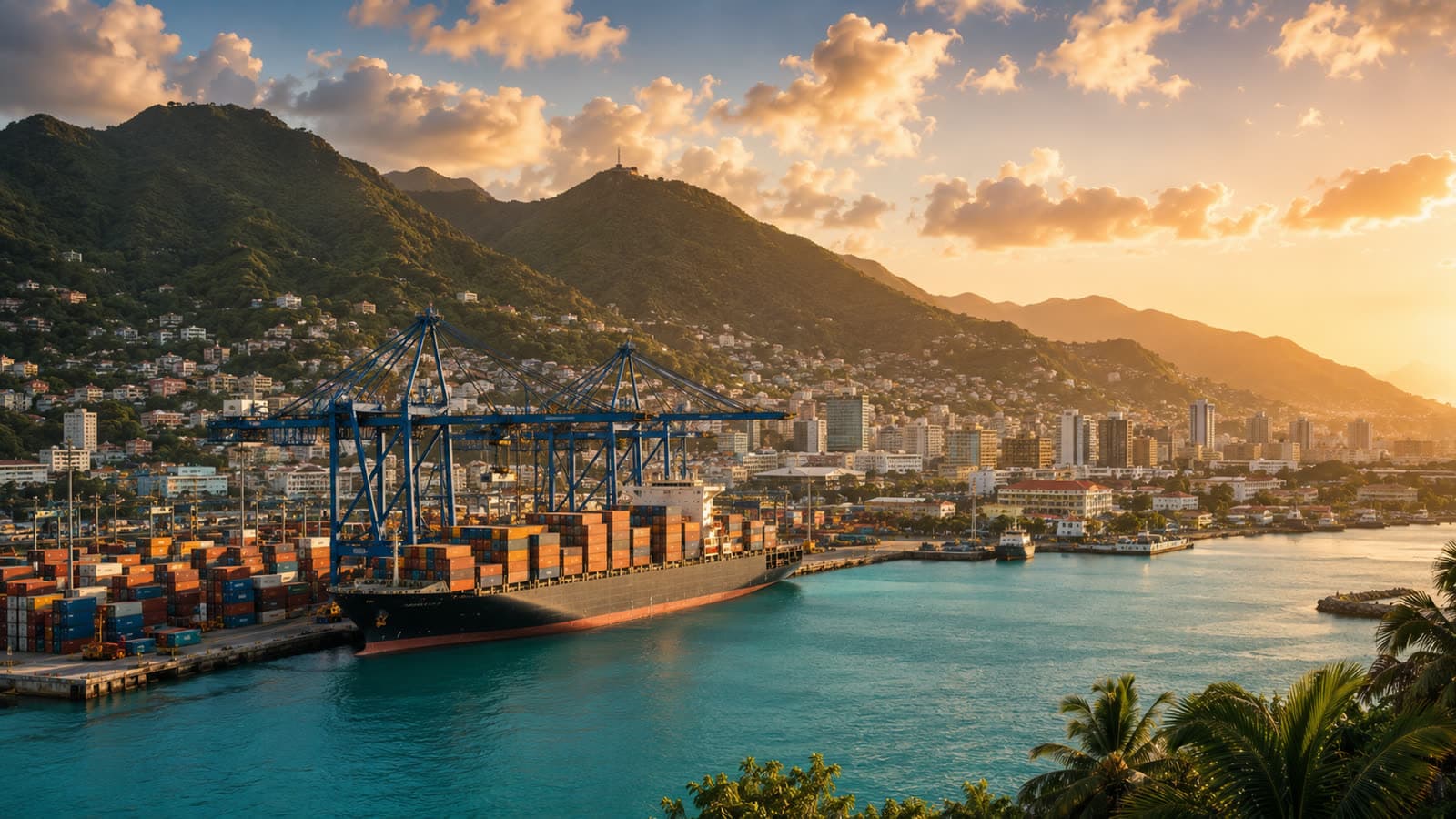 Port de Fort-de-France avec conteneurs et mer des Caraïbes