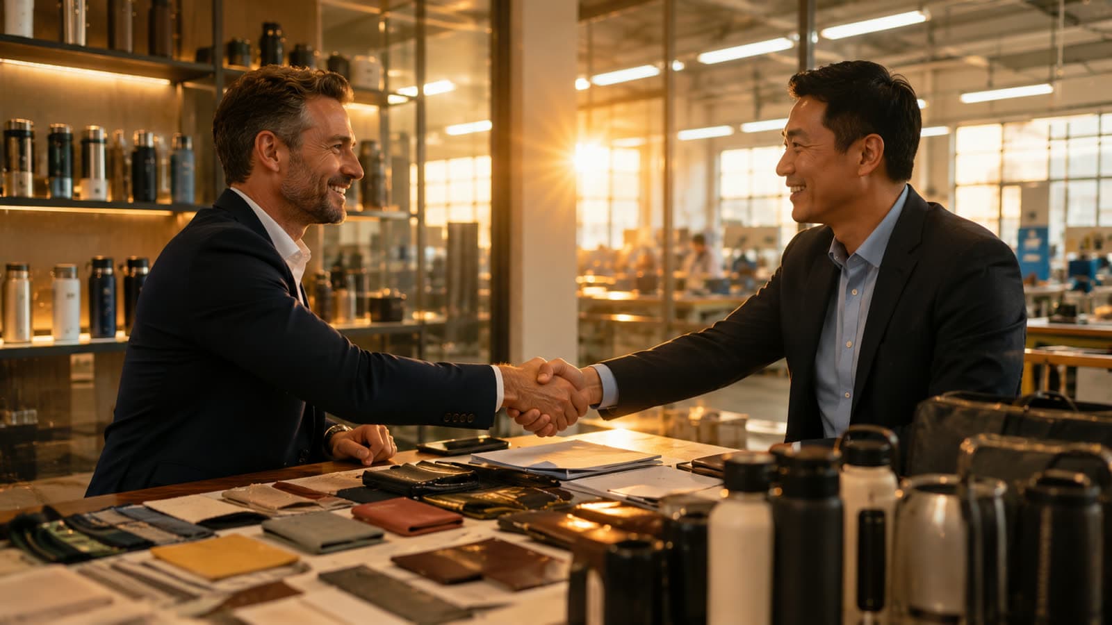 Négociation commerciale entre un agent de sourcing et un fabricant chinois