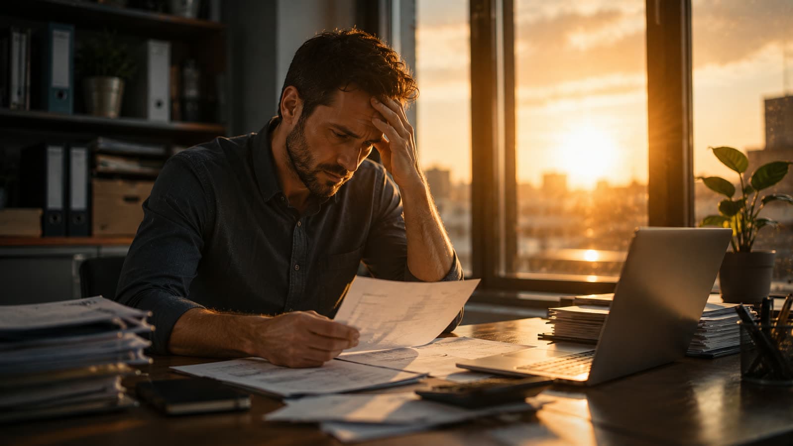 Importateur inquiet examinant des documents de virement bancaire international