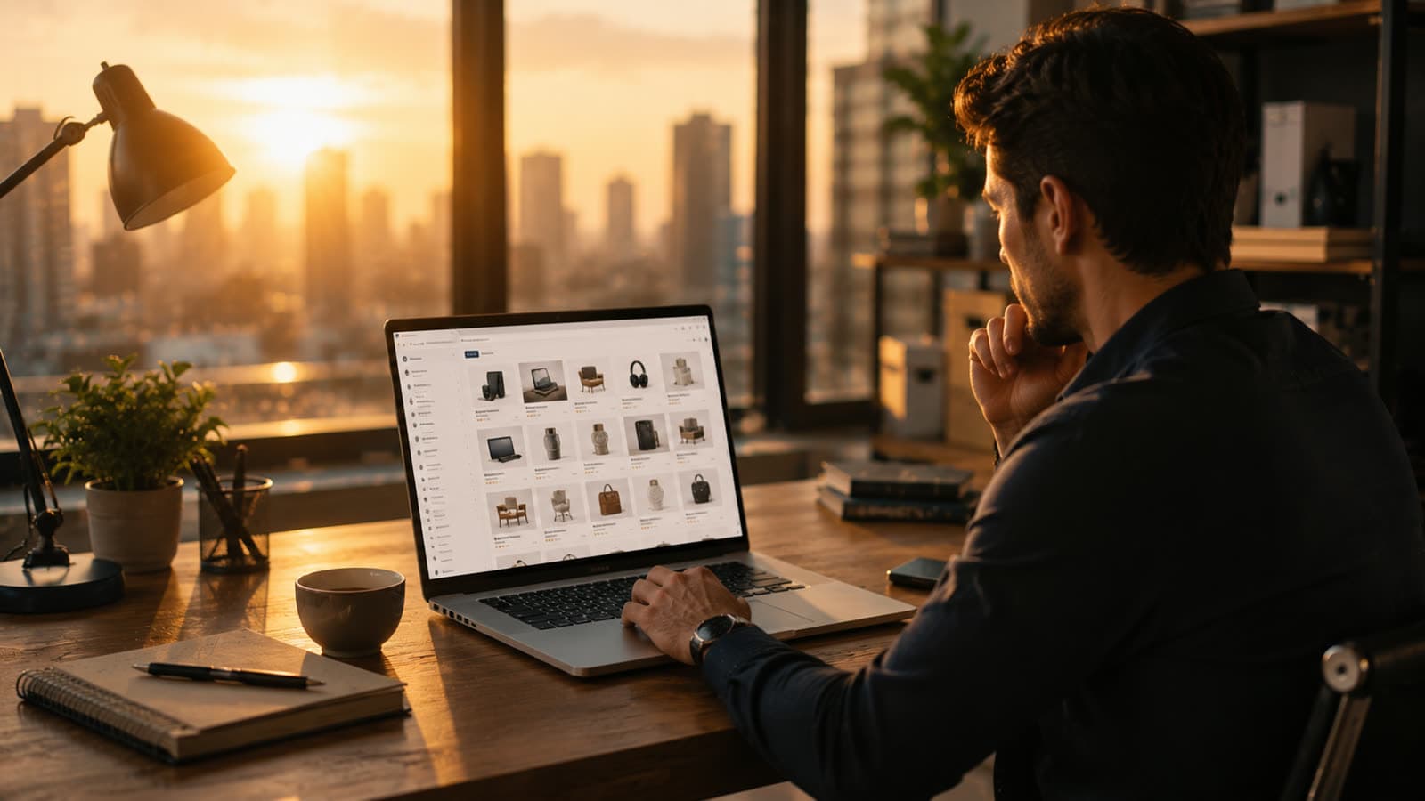 Acheteur consultant la plateforme Alibaba sur un ordinateur portable