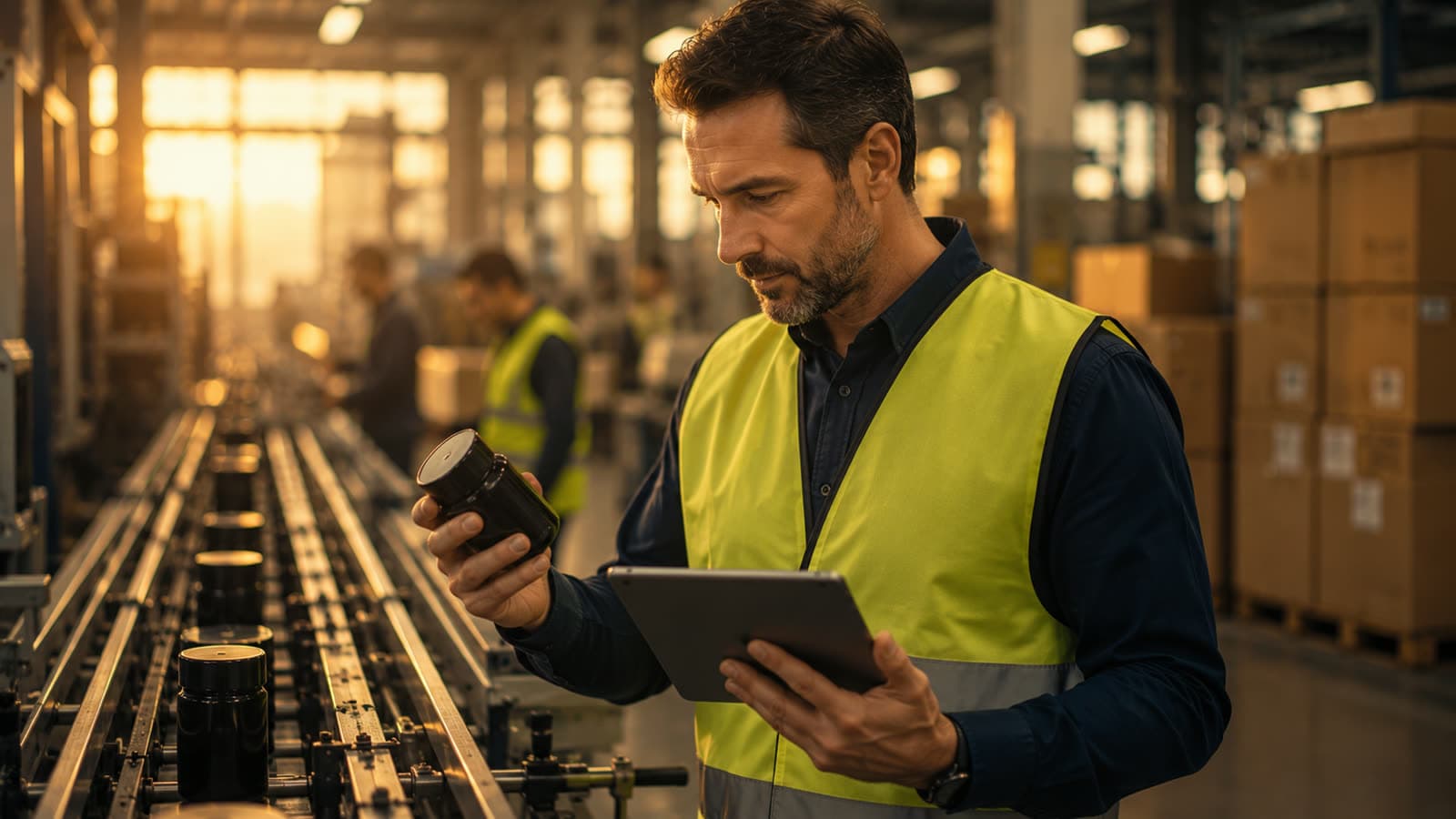 Inspecteur qualité contrôlant des produits en usine avec une tablette