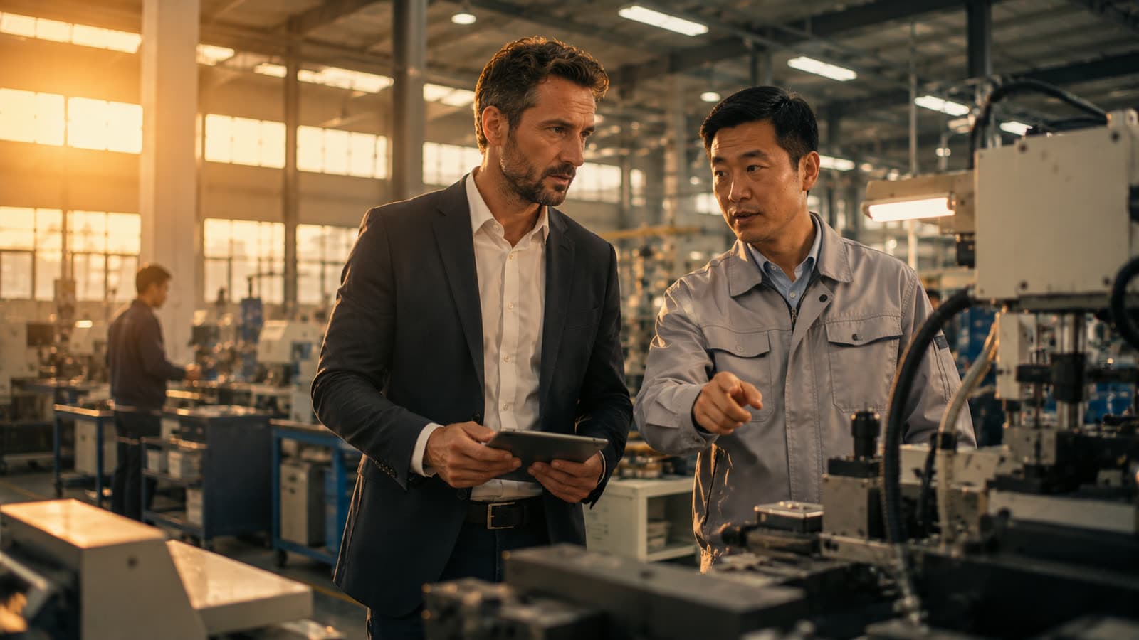 Visite d'audit dans une usine chinoise, échange entre acheteur et responsable de production