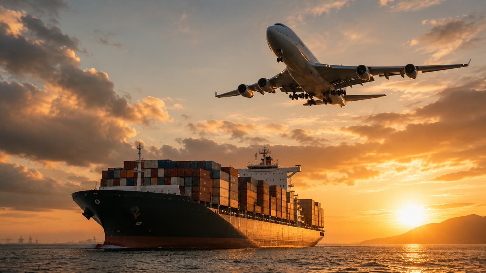 Avion cargo survolant un porte-conteneurs en mer