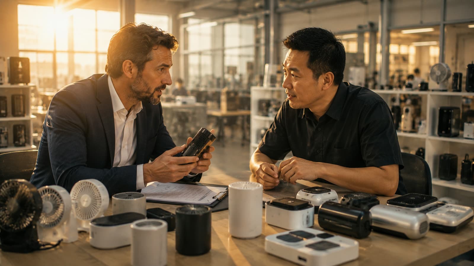 Discussion de négociation autour d'échantillons dans un showroom d'usine