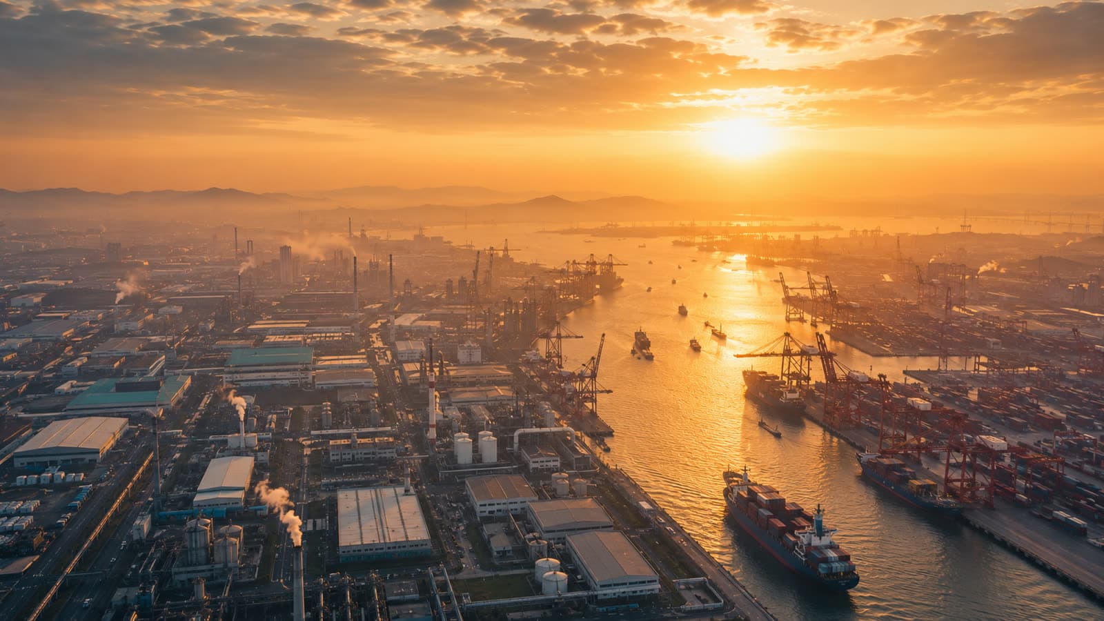 Vue d'ensemble d'une zone industrielle et portuaire en Chine au lever du soleil